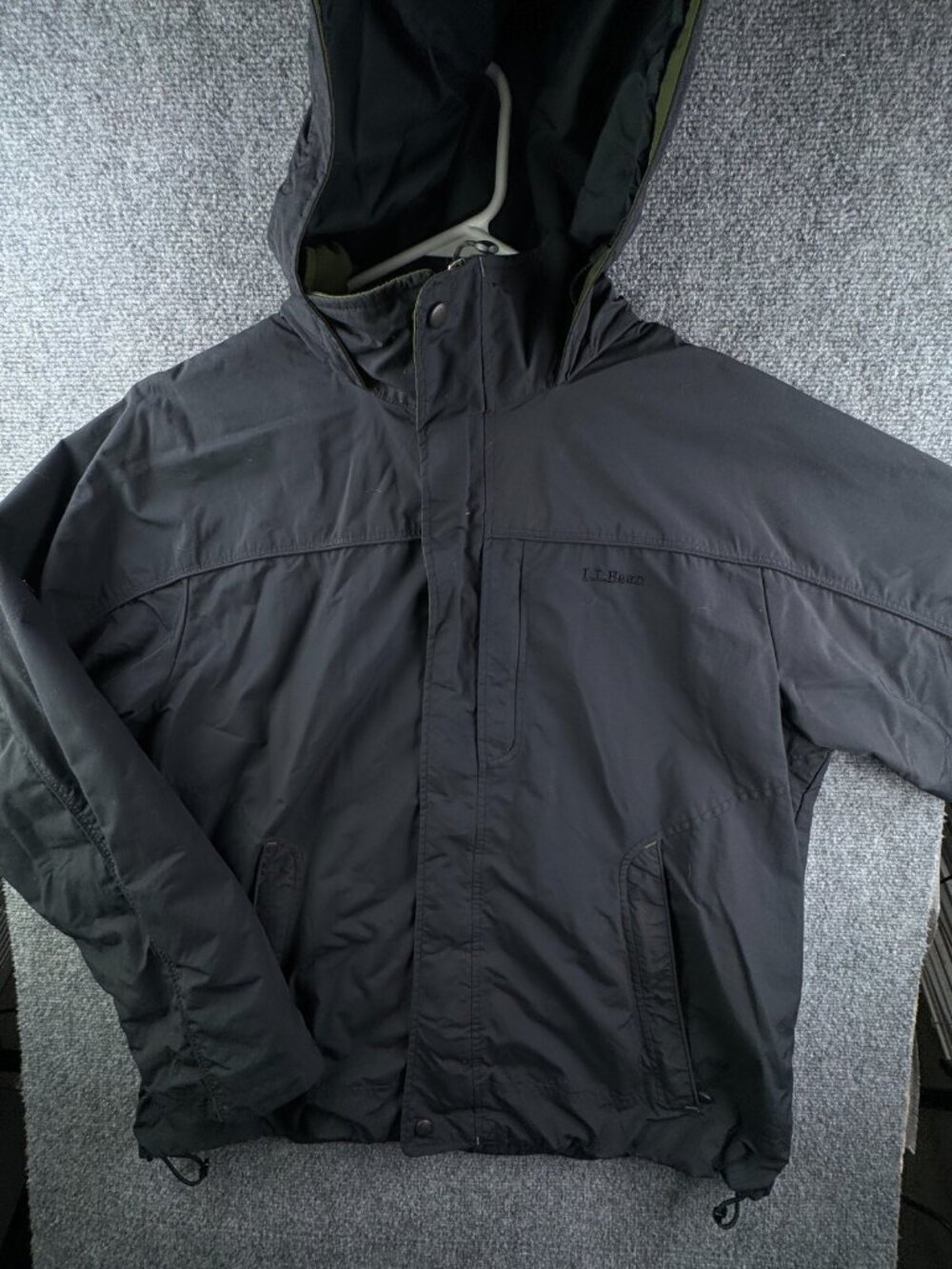 LL Bean Storm Chaser Men's Hooded Coat Jacket Large Nylon Navy Blue Green Adult